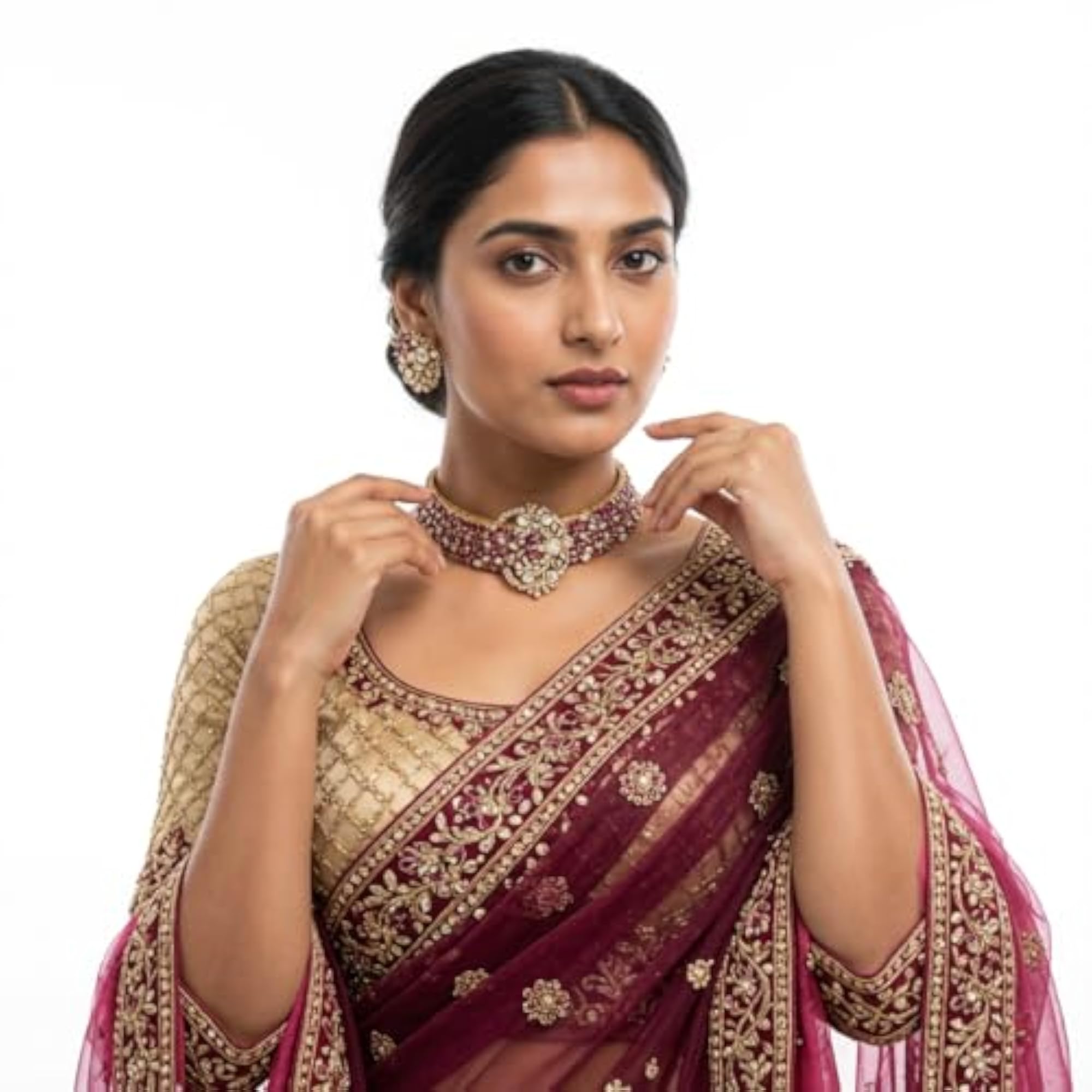 Traditional Ruby & Polki Gold-Plated Choker Necklace Set with Earrings